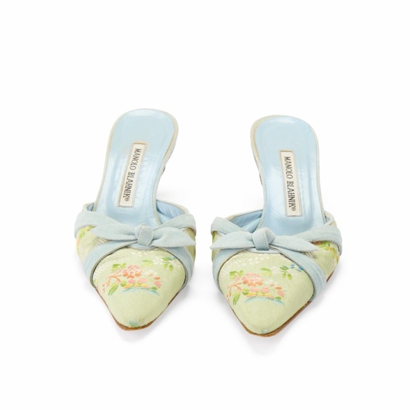 Manolo Blahnik Green & Blue Floral Bow Mules - Picture 2 of 6